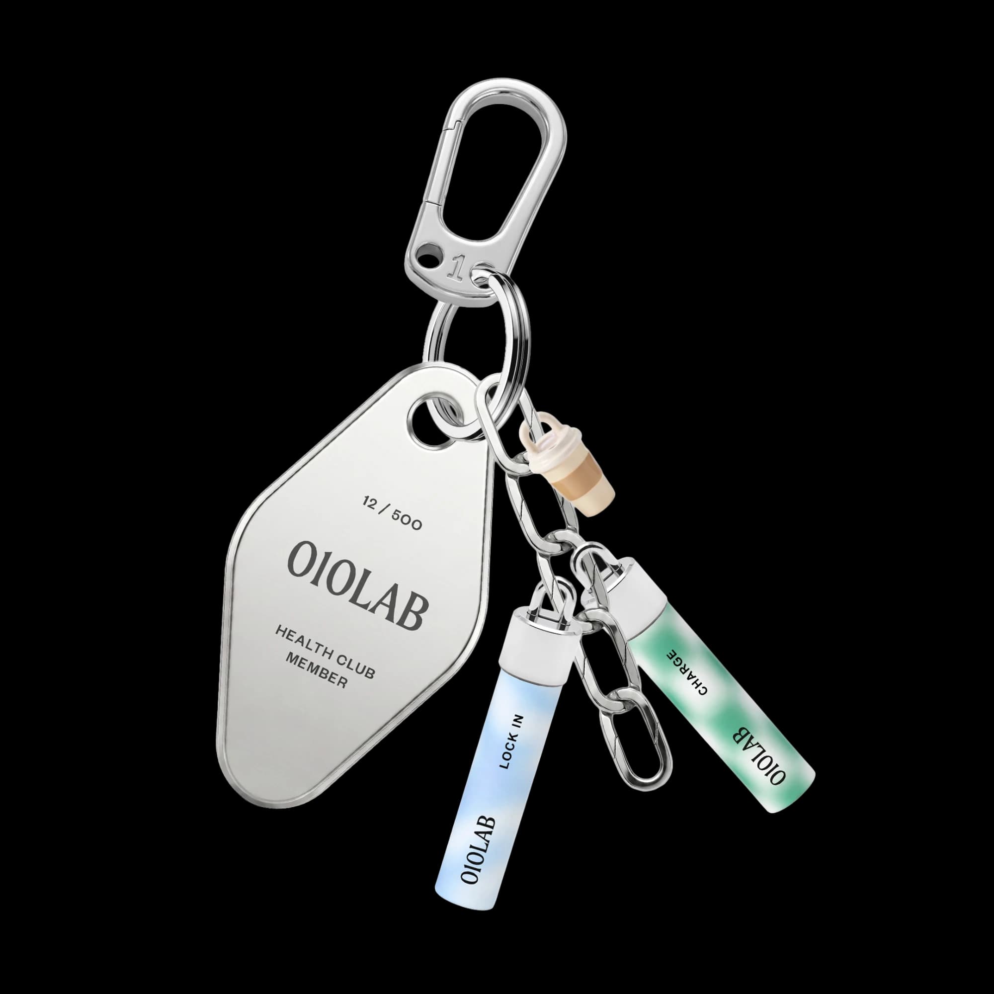 010LAB signature keychain tag with carabiner, charms and two cartridges